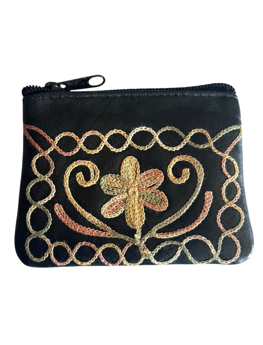 Embroidered Coin Purse Black Faux Leather Soutache Kashmiri Aari Work